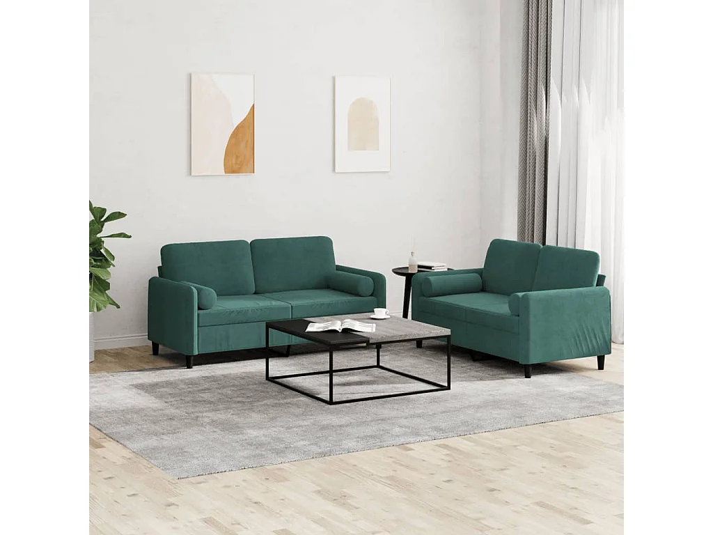 Conjunto de sofá de 2 piezas con cojines de terciopelo verde oscuro