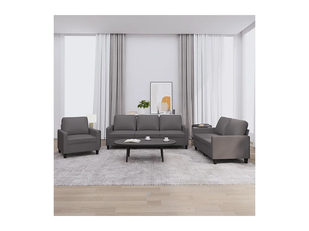 Conjunto de sofá de 3 piezas con cojines de piel sintética gris