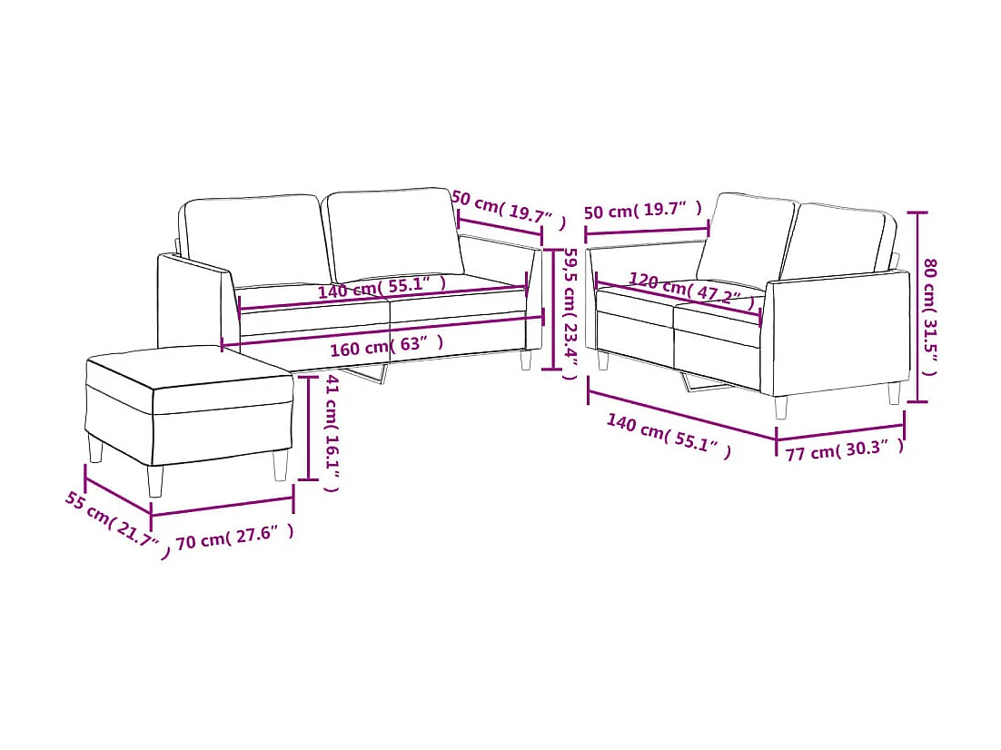 3-teiliges Sofaset mit Kissen, schwarzes Kunstleder