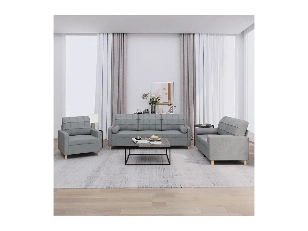 Set di divani 3 pezzi con cuscini in tessuto grigio chiaro