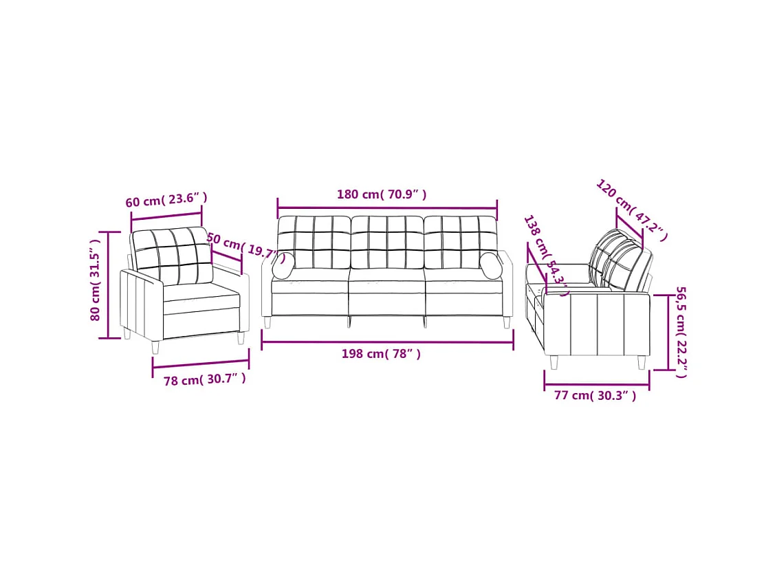 Set di divani 3 pezzi con cuscini in tessuto grigio chiaro