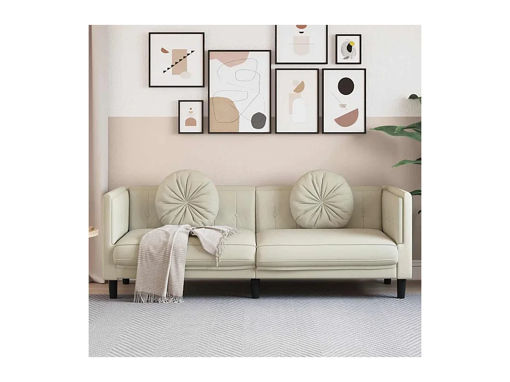 3-zits crèmekleurige fluwelen bank met kussens