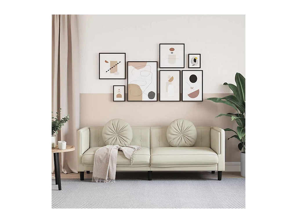 3-zits crèmekleurige fluwelen bank met kussens