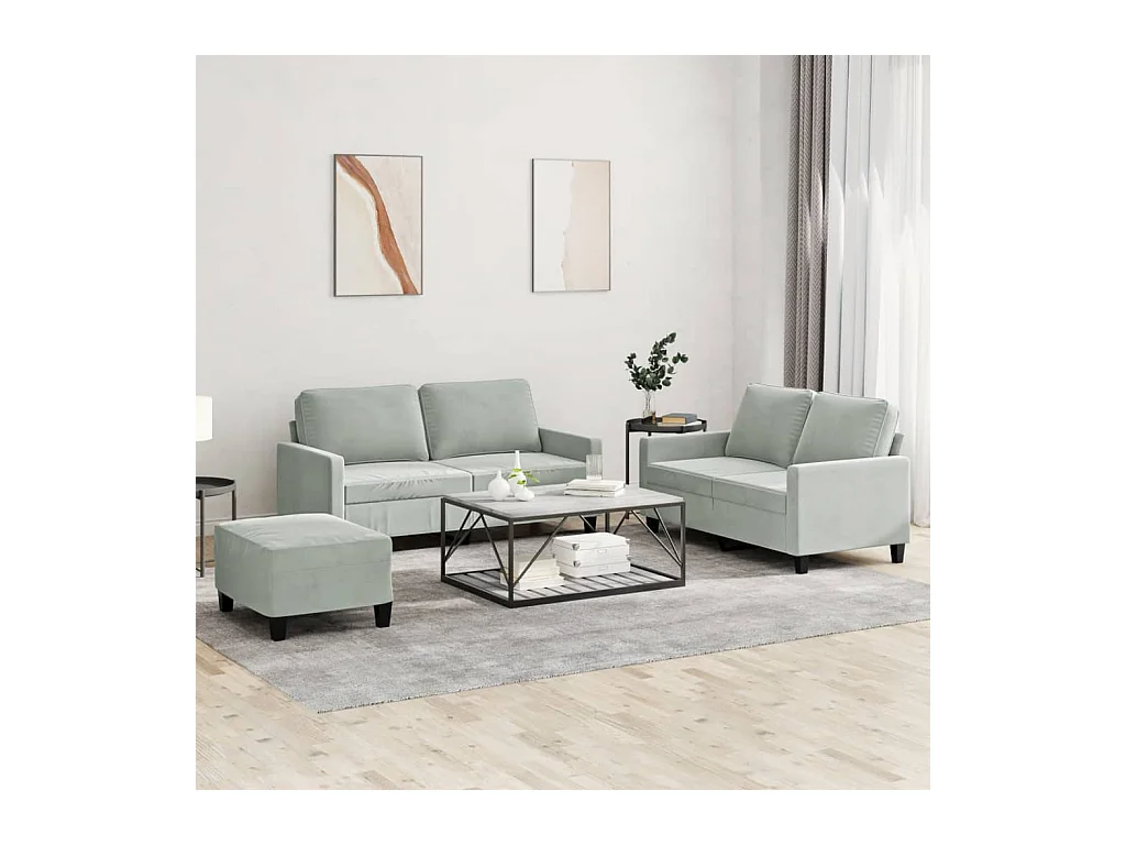 Set di divani 3 pezzi con cuscini in velluto grigio chiaro