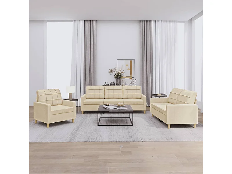 3-teiliges Sofaset mit Kissen, cremefarbener Stoff