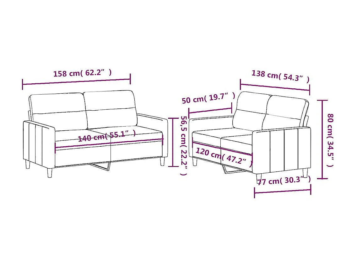 Conjunto de sofá de 2 piezas con cojines de tela color crema
