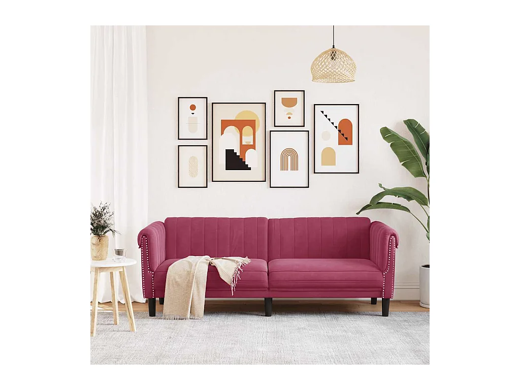 Sofá de 3 plazas de terciopelo rojo burdeos