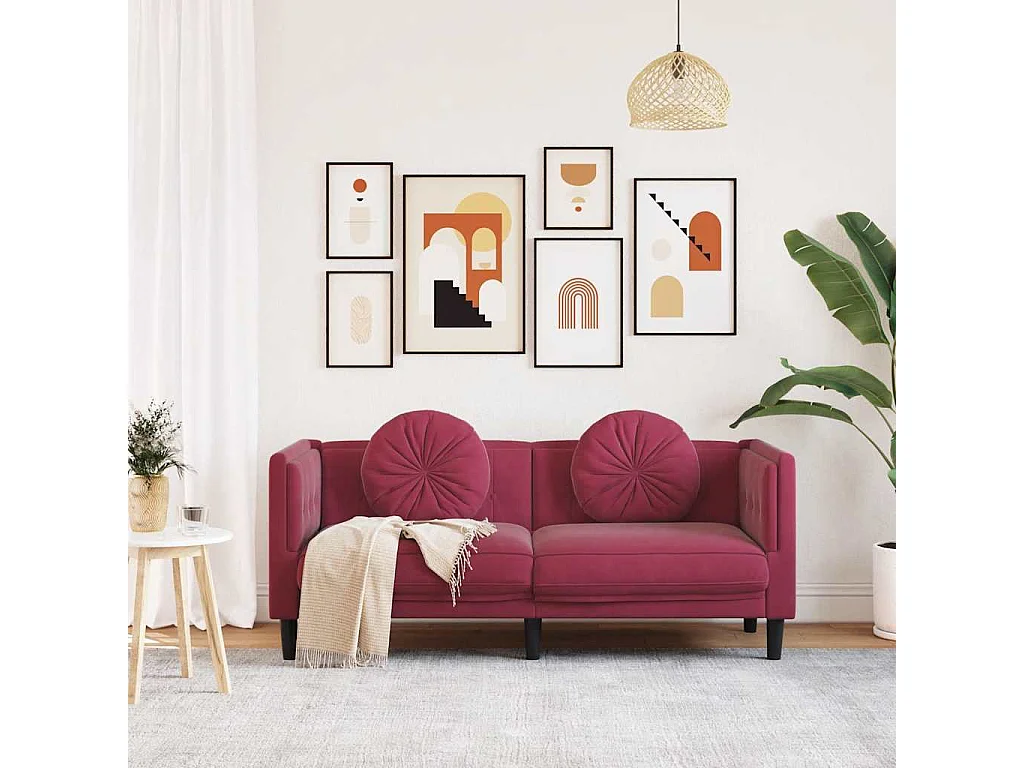 Sofá de 2 plazas con cojines de terciopelo rojo burdeos