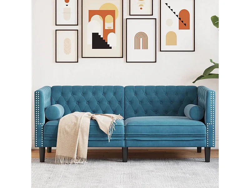 Canapé Chesterfield avec traversins 2 places bleu velours