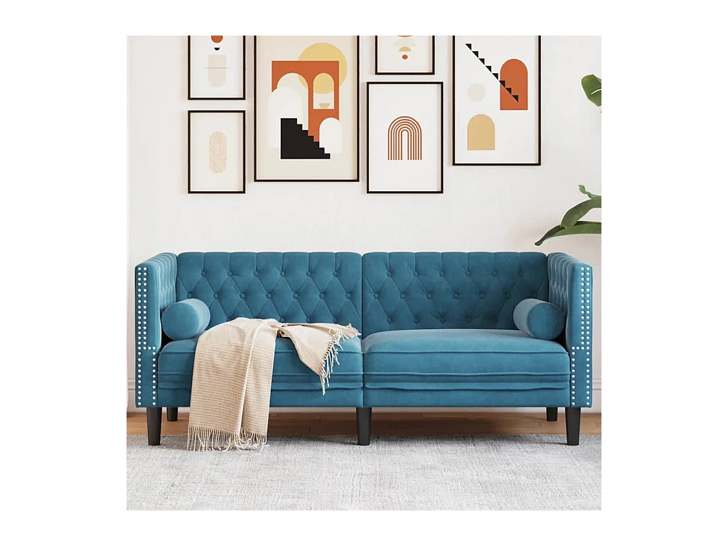 Divano Chesterfield con cuscini a 2 posti in velluto blu