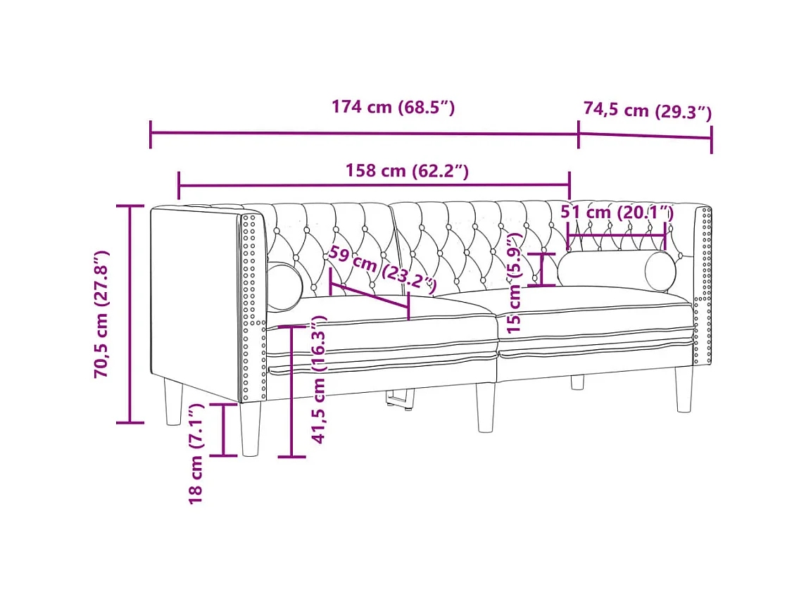 Divano Chesterfield con cuscini a 2 posti in velluto blu