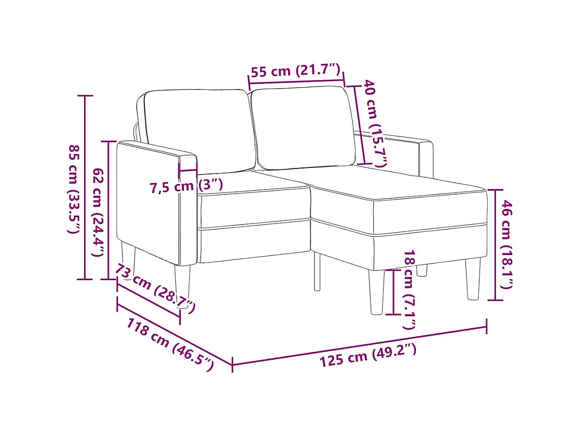2-zitsbank met L-vormige chaise longue, zwart, 125 cm stof