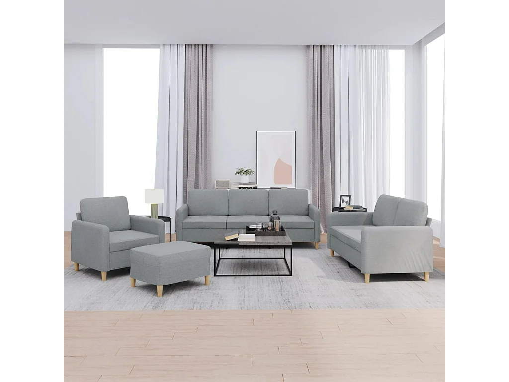 Set di divani 4 pezzi con cuscini in tessuto grigio chiaro