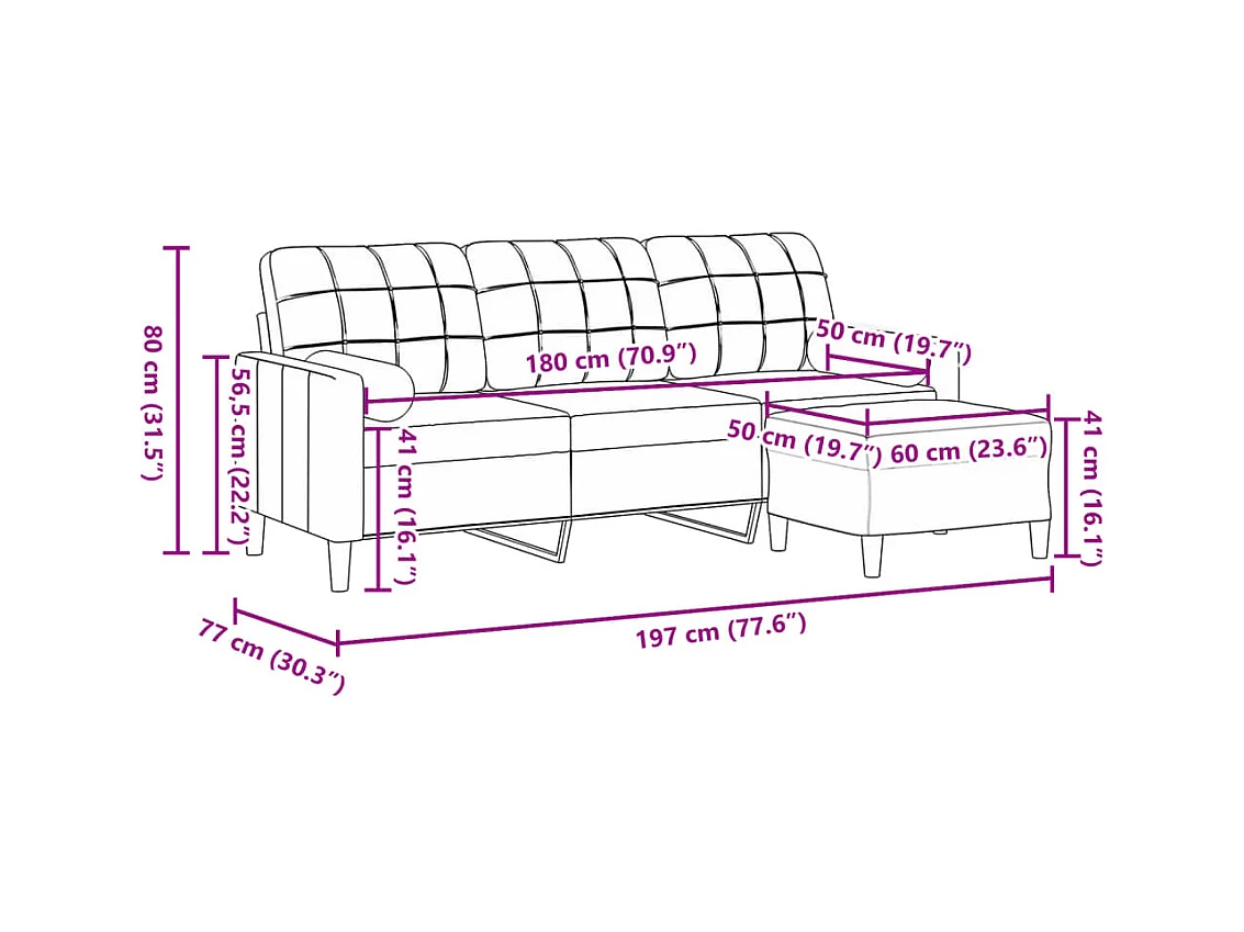 Divano 3 posti con poggiapiedi Rosa 180 cm Velluto