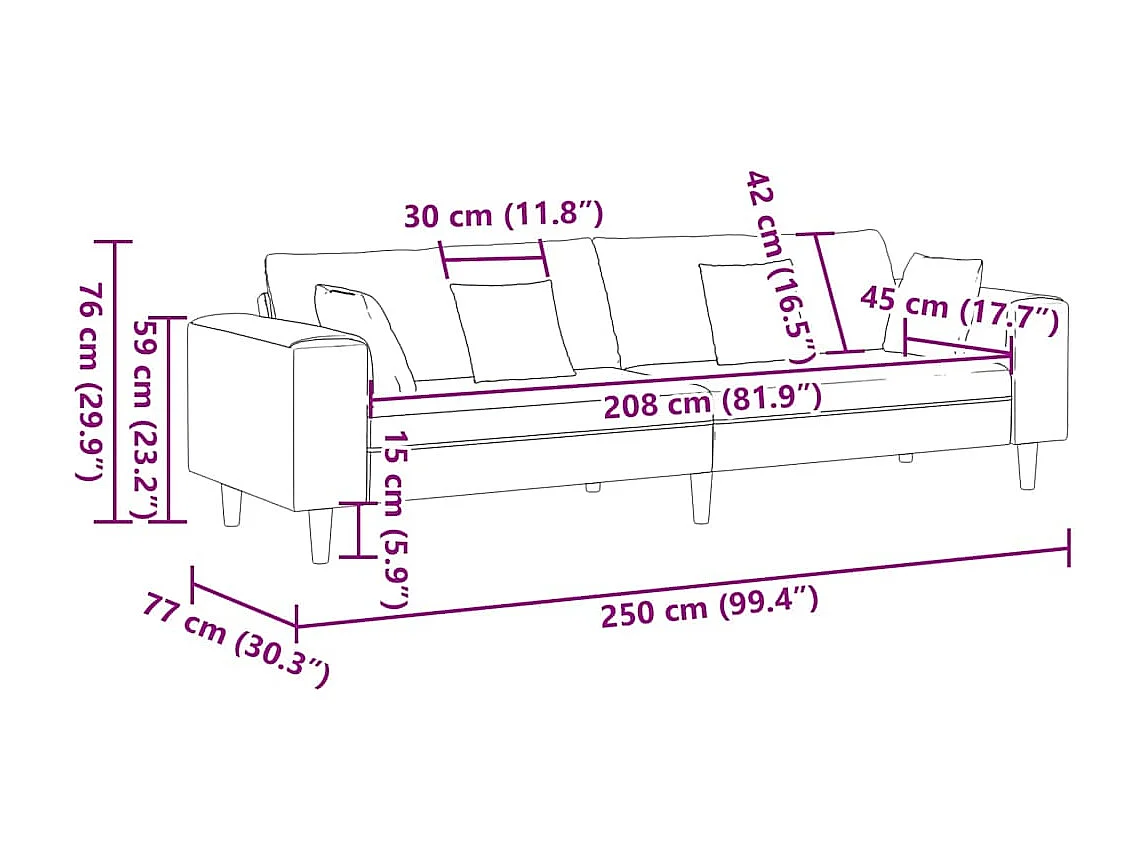 Stoffen bank met zwart kussen 208 cm stof