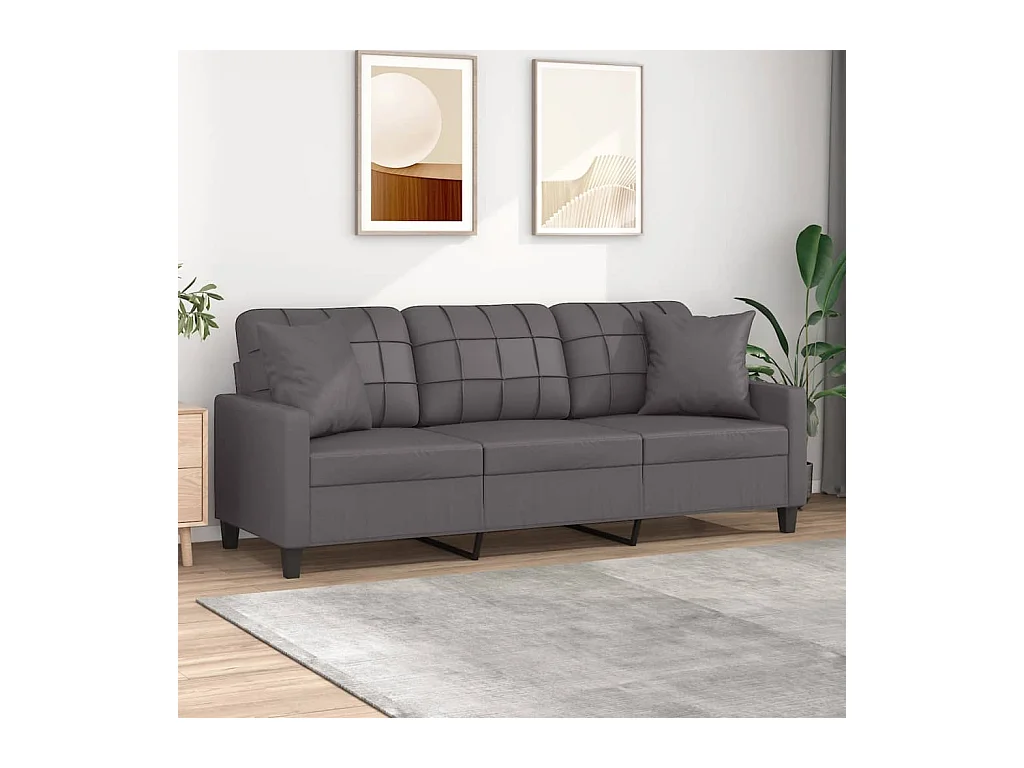 Canapé 3 places avec oreillers décoratifs gris 180cm similicuir