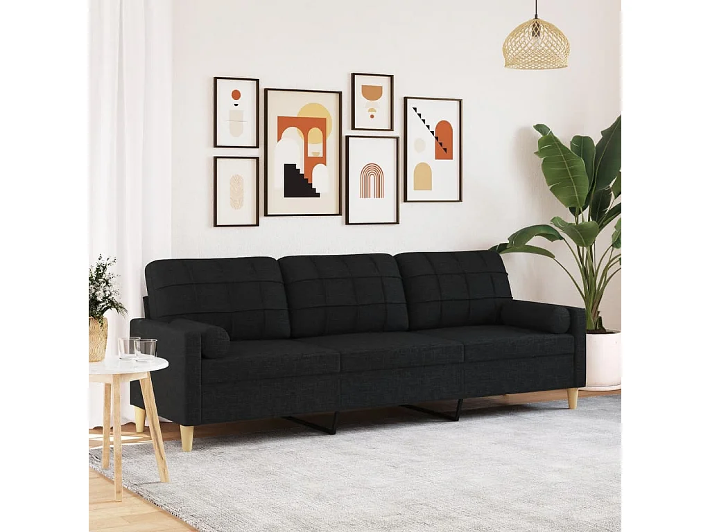 Divano 3 posti con cuscini decorativi tessuto nero 210 cm
