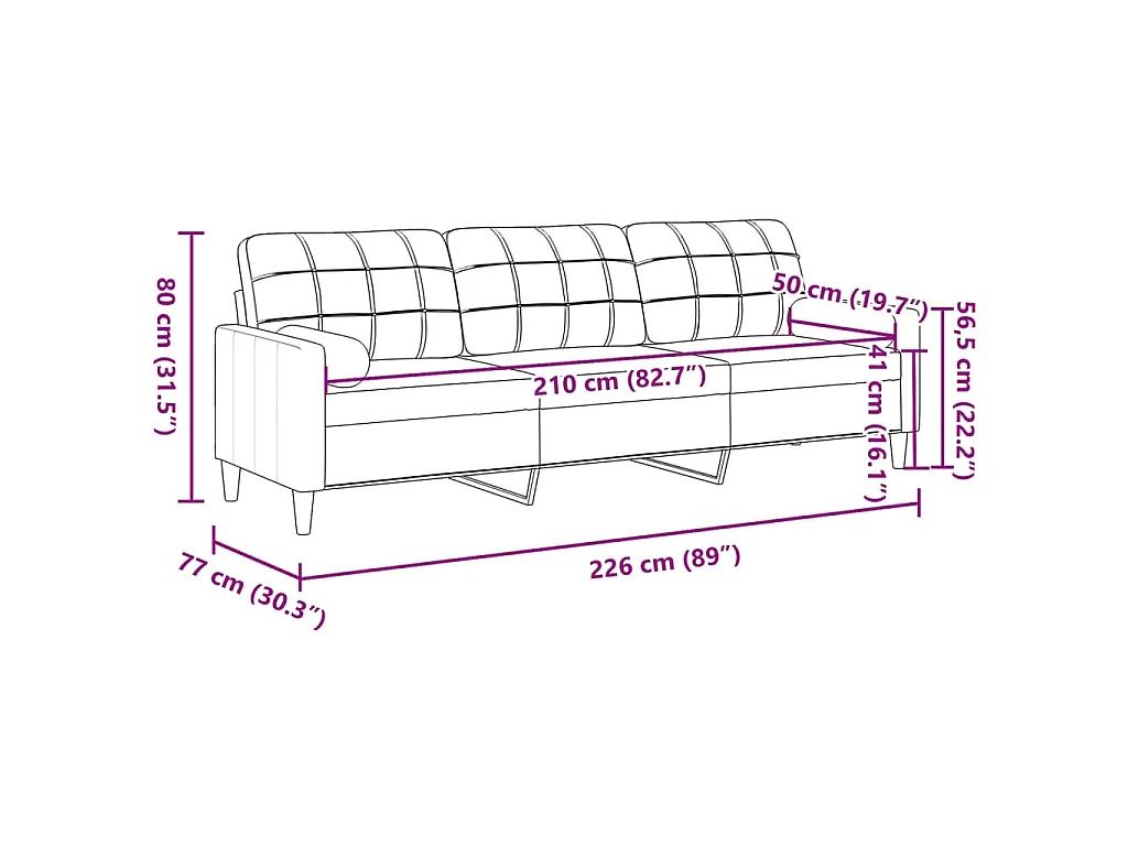 Divano 3 posti con cuscini decorativi tessuto nero 210 cm