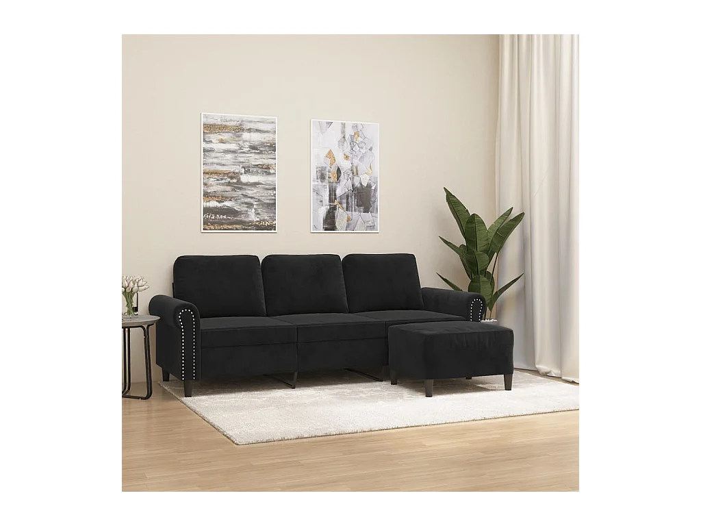 Sofá 3 plazas con reposapiés Terciopelo Negro 180 cm
