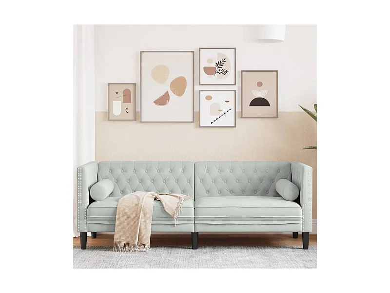 Sofá Chesterfield de 3 plazas con cojines en terciopelo gris claro