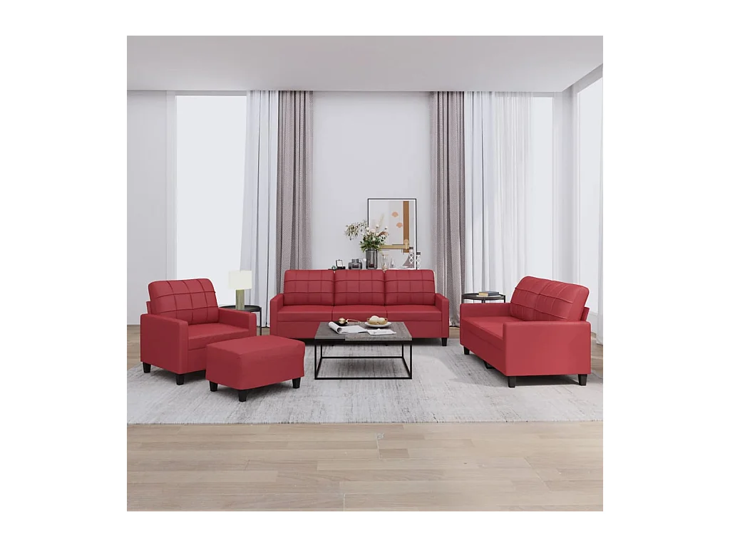 Set di divani 4 pezzi con cuscini in similpelle rosso bordeaux