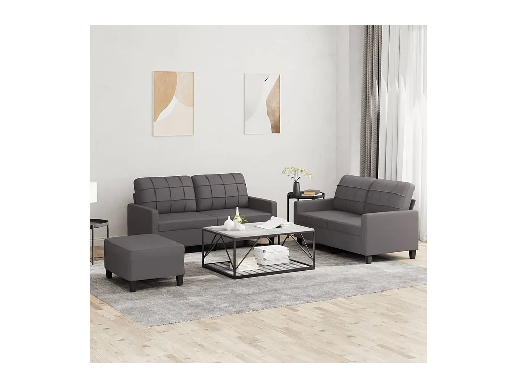 Conjunto de sofá de 3 piezas con cojines de piel sintética gris