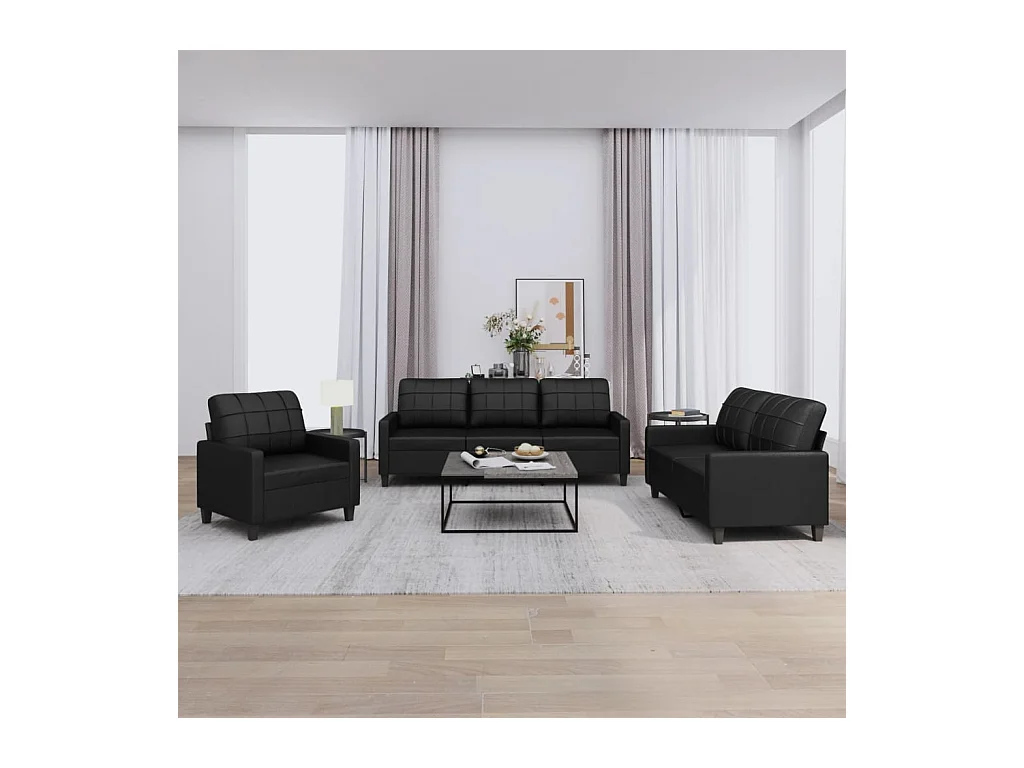 Conjunto de sofá de 3 piezas con cojines de piel sintética negra