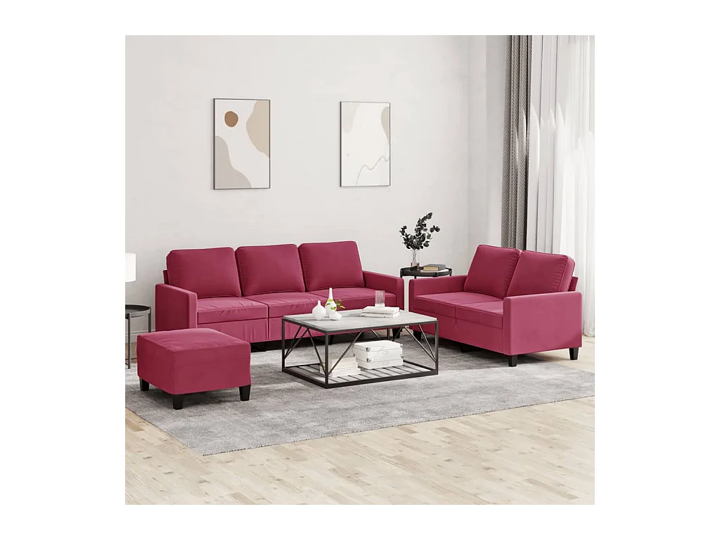 Set di divani 3 pezzi con cuscini in velluto rosso bordeaux