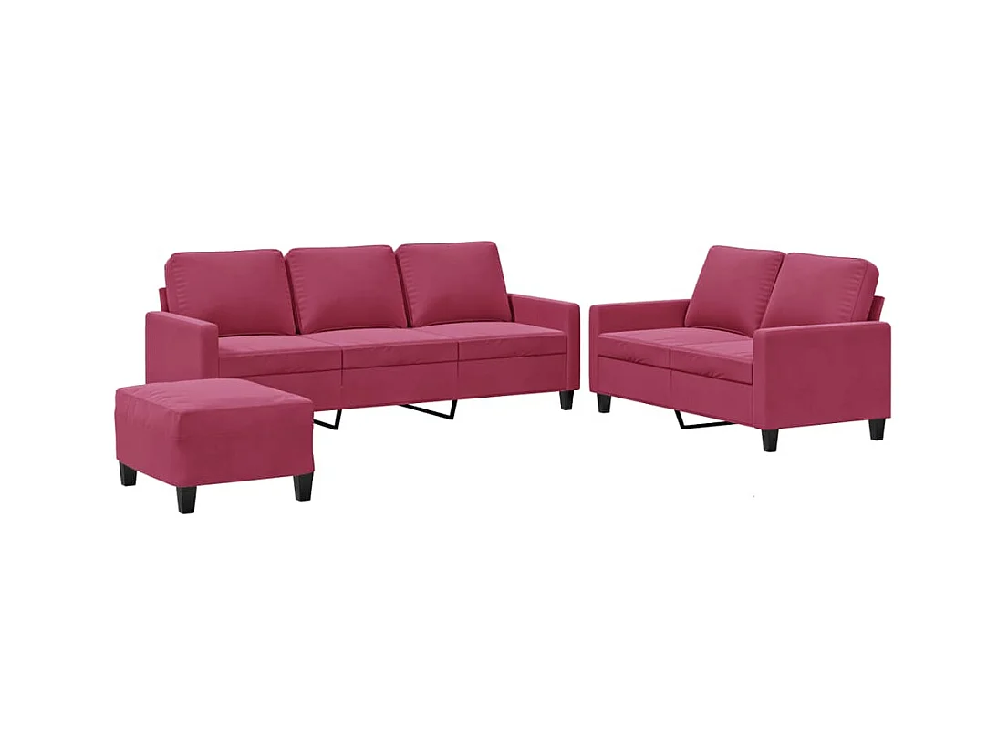Set di divani 3 pezzi con cuscini in velluto rosso bordeaux