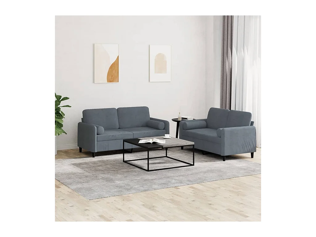 Conjunto de sofá de 2 piezas con cojines de terciopelo gris oscuro