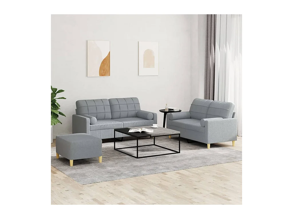 Set di divani 3 pezzi con cuscini in tessuto grigio chiaro