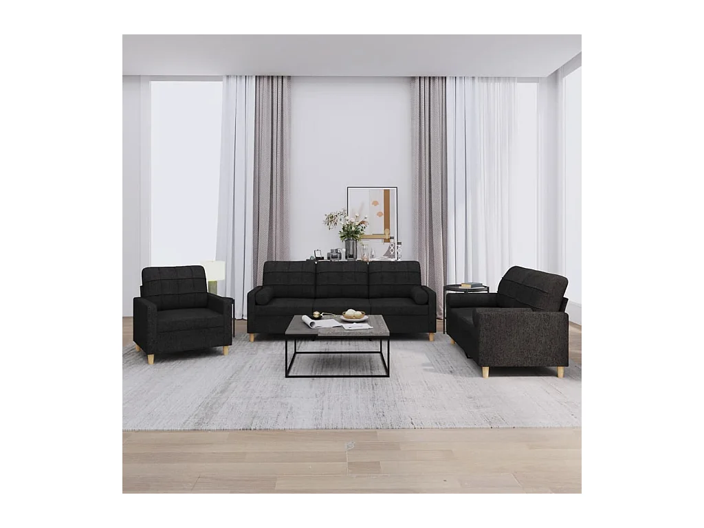 Conjunto de sofá de 3 piezas con cojines de tela negra