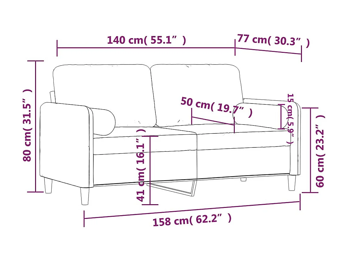 Sofá de 2 plazas con cojines decorativos de terciopelo negro de 140 cm.