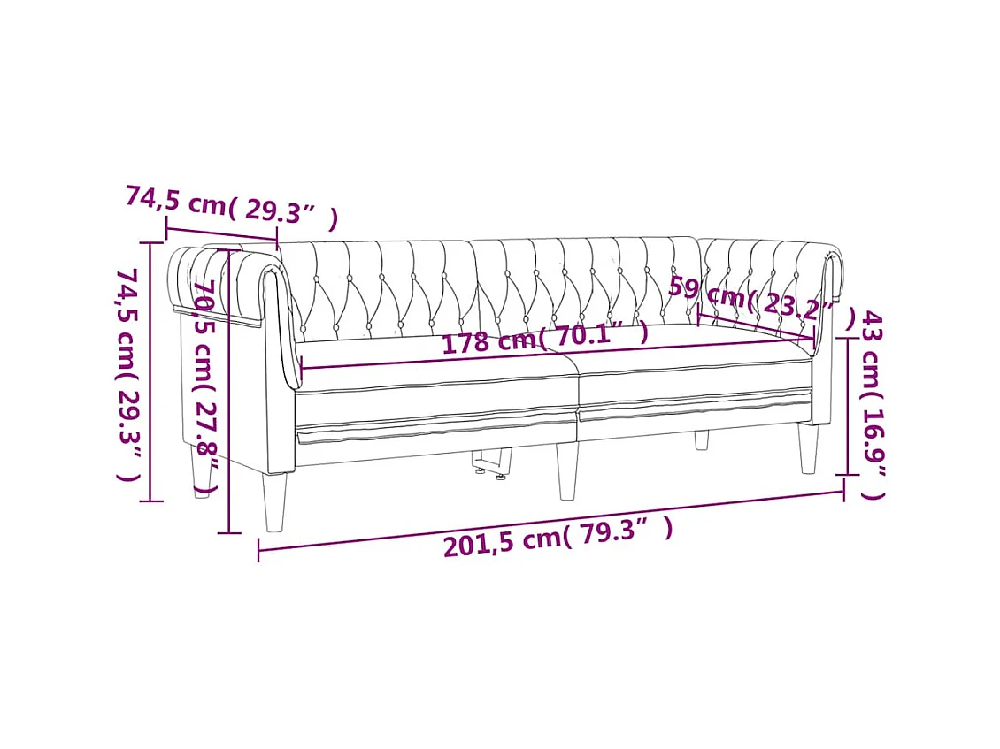 Sofá Chesterfield de 3 plazas de tela negra