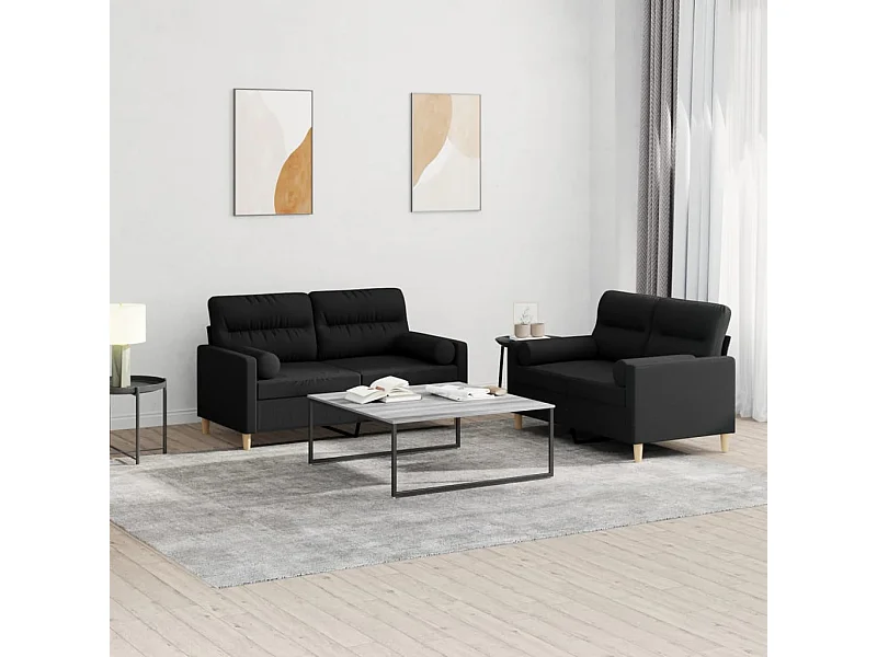 Ensemble de canapés 2 pcs avec coussins noir tissu