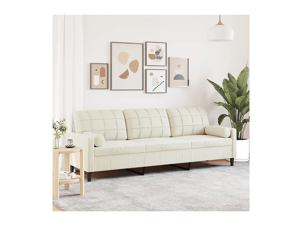 Sofá de 3 plazas con cojines decorativos color crema 210 cm terciopelo