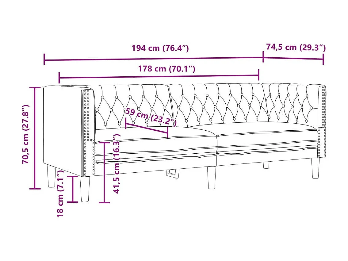 Chesterfield 3-zitsbank in zwart imitatieleer