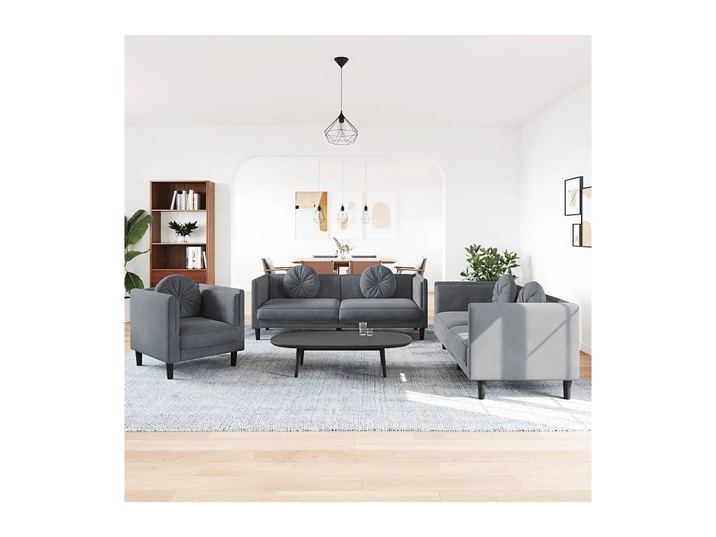 3-teiliges Sofaset mit dunkelgrauen Samtkissen