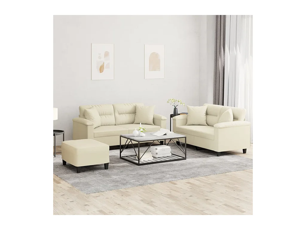 3-delige bankstel met crèmekleurige kunstleren kussens