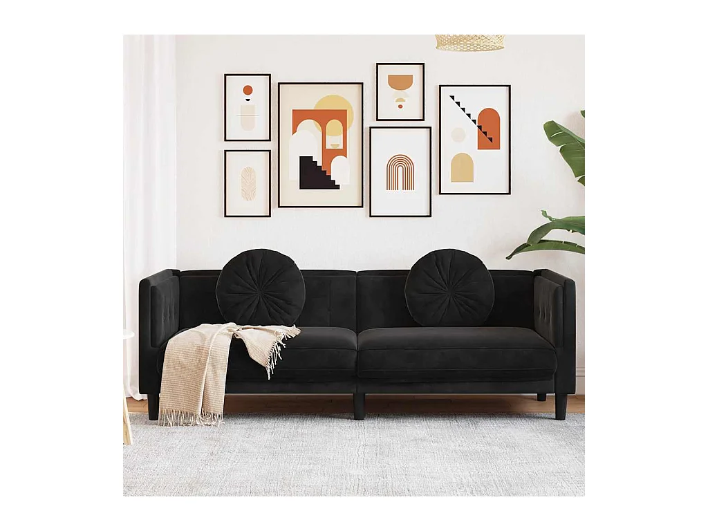 Sofá de 3 plazas de terciopelo negro con cojines