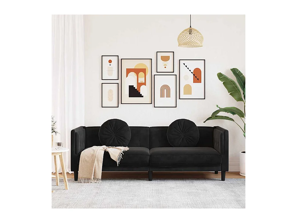 Sofá de 3 plazas de terciopelo negro con cojines
