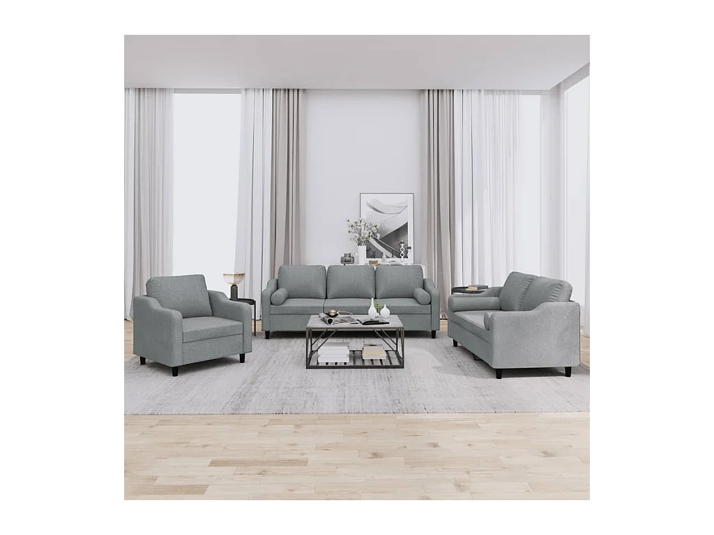 Conjunto de sofá de 3 piezas con cojines de tela gris claro