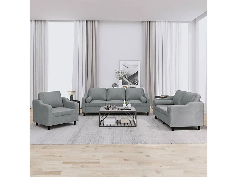 Conjunto de sofá de 3 piezas con cojines de tela gris claro