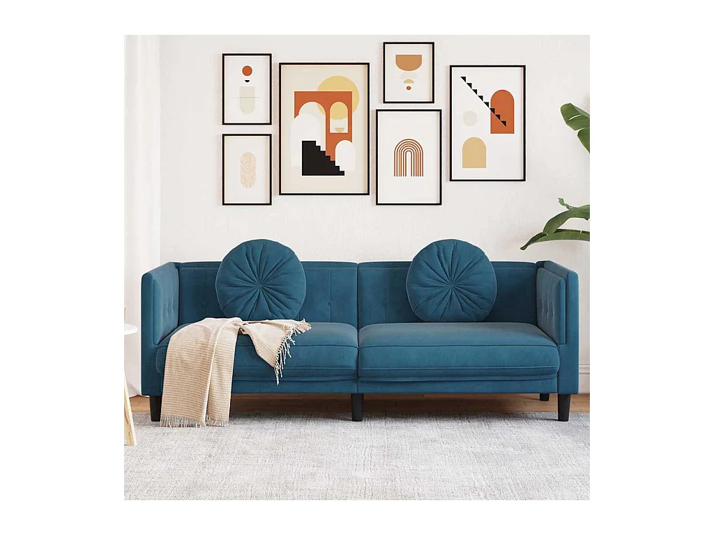 3-Sitzer-Sofa aus blauem Samt mit Kissen