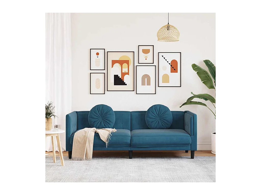 3-Sitzer-Sofa aus blauem Samt mit Kissen