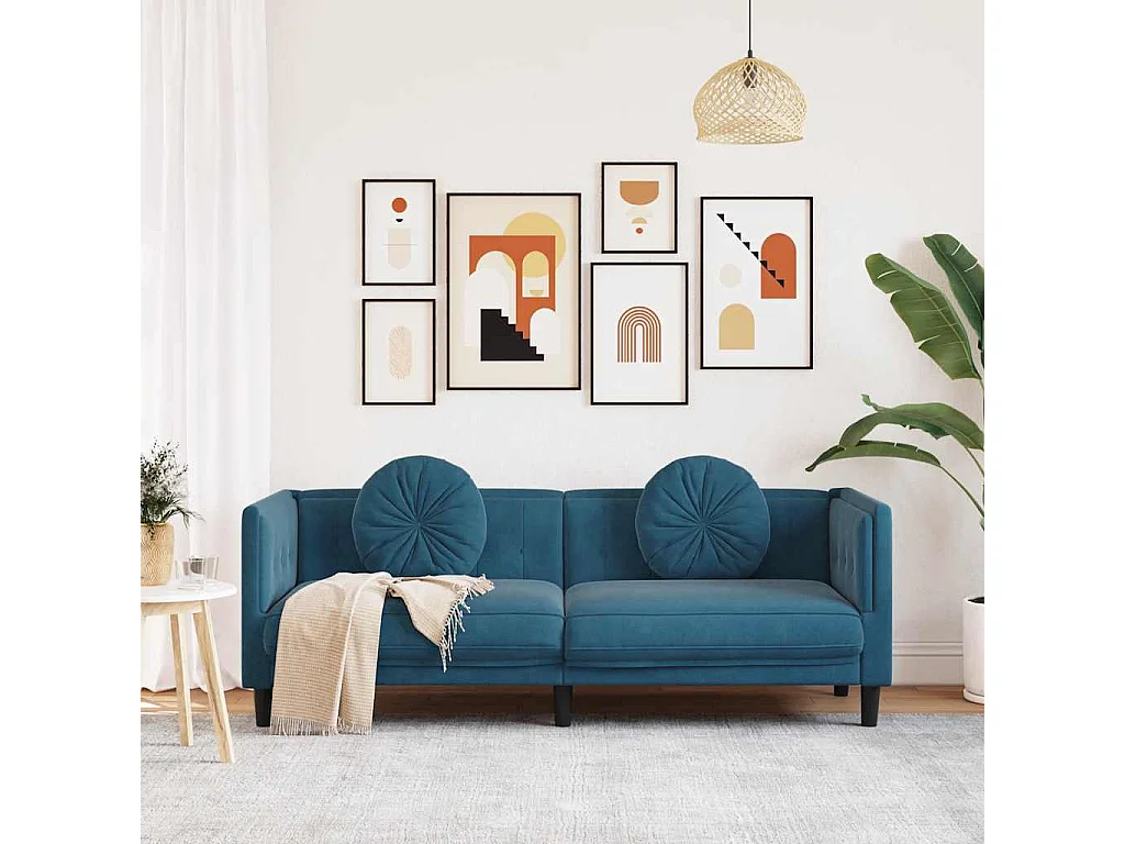 Sofá de 3 plazas de terciopelo azul con cojines