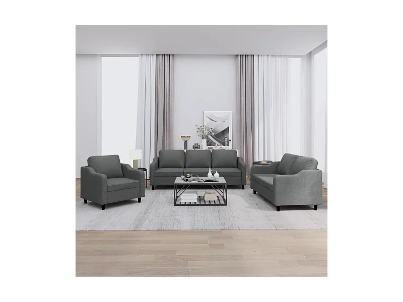 Set di divani 3 pezzi con cuscini in tessuto grigio scuro