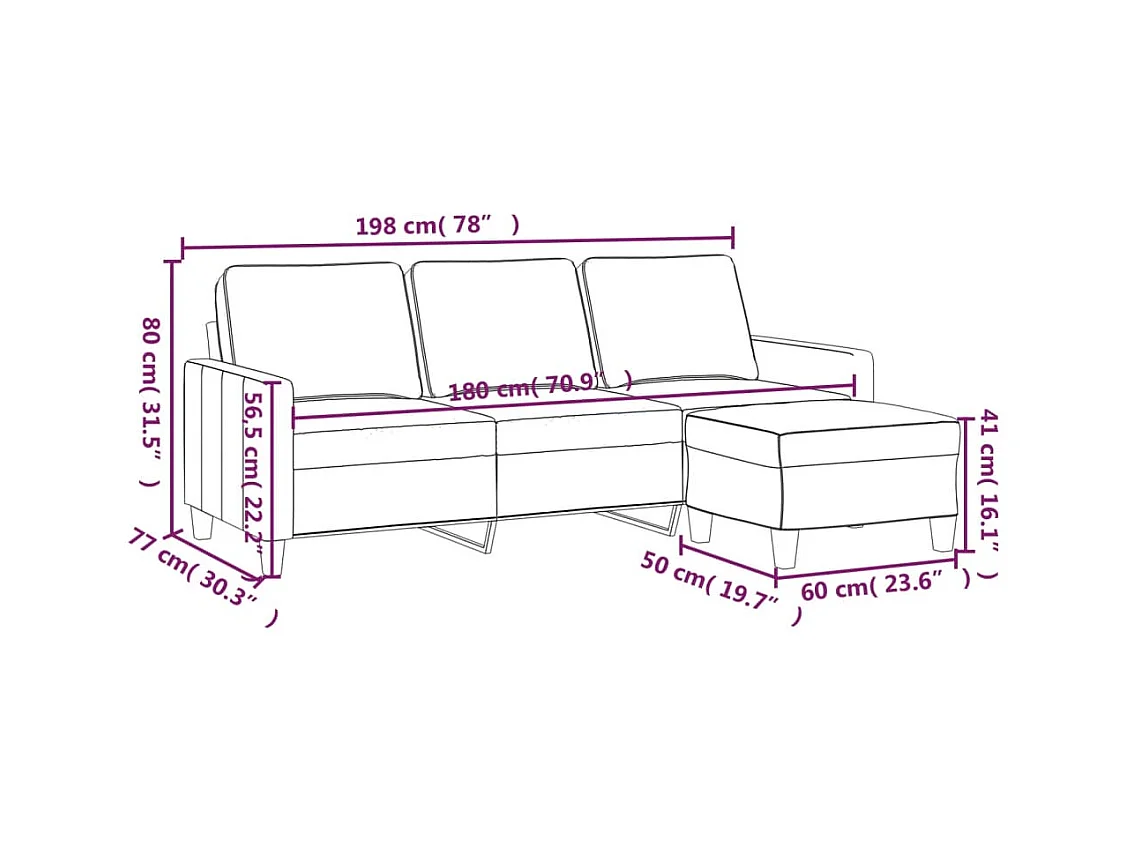 Divano 3 posti con poggiapiedi Marrone 180 cm Tessuto