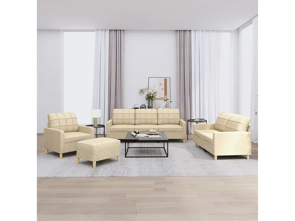 4-teiliges Sofa-Set mit Kissen, cremefarbener Stoff
