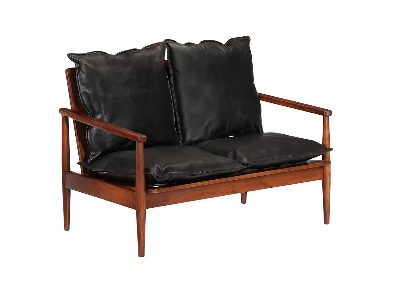 Zwarte 2-zitsbank in echt leer en massief acaciahout